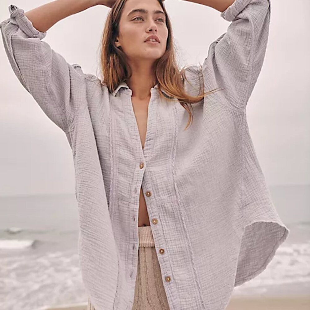 Free People Light Grey Button Down Shirt - Medium We the Free